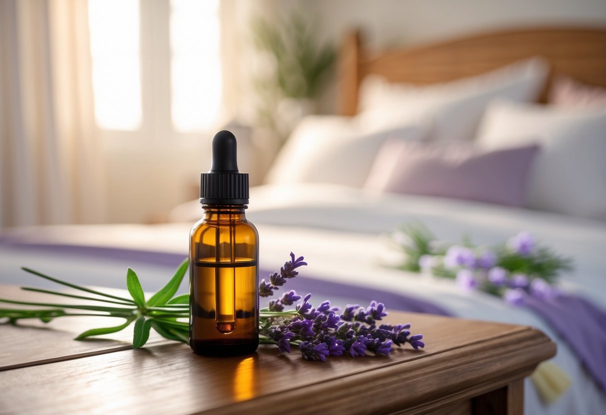 Ein Nachttisch mit einer Flasche Lavendelöl und frischen Lavendelzweigen neben einem gemütlich gemachten Bett.